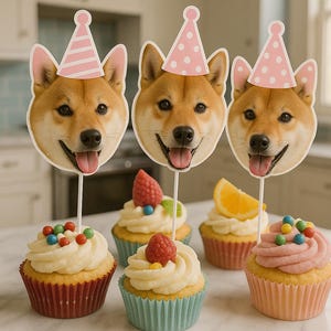 Benutzerdefinierte Hunde Gesicht Cup Cake Topper, personalisierte Hund Geburtstag Party Dekor, Geschenke für Tierliebhaber, Haustier Geburtstag Dekor, Katze Cup Cake Topper