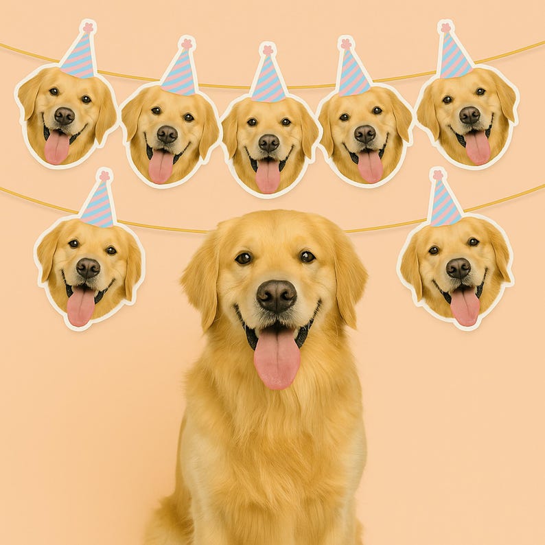 May include: A golden retriever dog wearing a party hat with a blue and pink striped pattern. The dog is surrounded by a string of party decorations featuring the same dog's face with party hats.