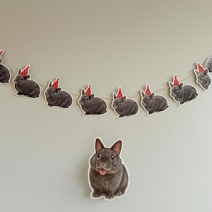 May include: A garland of gray rabbits wearing red party hats. The rabbits are all facing the same direction and are evenly spaced apart. There is a single gray rabbit in the center of the image, not wearing a hat, with its tongue sticking out.