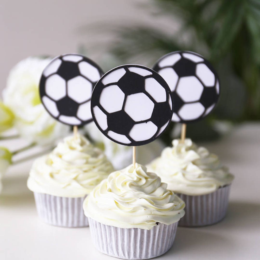 Set of 12 Soccer Cupcake Toppers, Soccer Party Supplies, Soccer Balls
