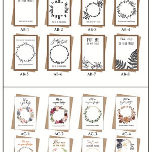 May include: Eight different designs for save the date cards. Each card features a wreath with different floral and foliage designs. The text on the cards reads "Put me on your fridge" and "Save the Date".