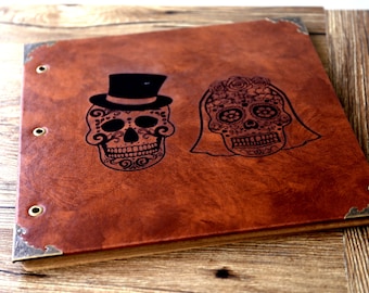 10x10 inches Personalized Sugar Skull Leather Photo Album /Custom Wedding Guest Book/wedding Scrapbook