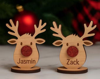 8cm Personalized Christmas Decor, Reindeer Family Name Sign, Farmhouse Table Setting, Wooden Place Card Holder, Holiday Gift for Family