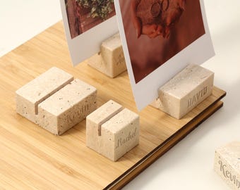 Custom Wedding Place Card Holder, Travertine Cube Stand for Photos and Invitations, Natural Stone Name Tag Stand, Unique Wedding Gift