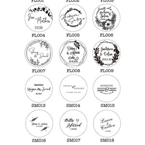 May include: A collection of 21 round wooden stamps with black ink. Each stamp features a different design with a couple's names and wedding date. The stamps are arranged in a grid pattern on a white background.
