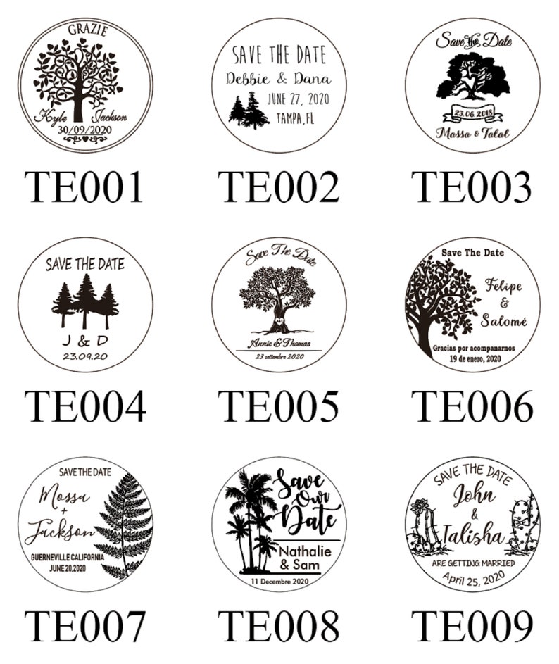 Puede incluir: Nueve sellos redondos, en blanco y negro, para guardar la fecha de la boda con diferentes dise&ntilde;os. Cada sello presenta un &aacute;rbol, un coraz&oacute;n y el texto "Save the Date" con los nombres de la pareja y la fecha de la boda.