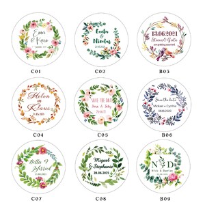 May include: Nine round wedding favor stickers with floral wreaths and text. The stickers feature different names and dates, such as "Ema & Karo" and "13.06.2021 Steven & Geeta are getting married".