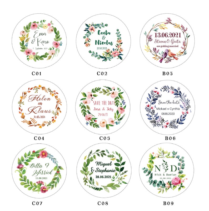 May include: Nine round wedding favor stickers with floral wreaths and text. The stickers feature different names and dates, such as "Ema & Karo" and "13.06.2021 Steven & Geeta are getting married".