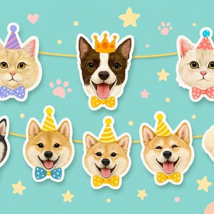 May include: A garland of eight animal faces, including cats and dogs, wearing party hats and bow ties. The garland is on a light blue background with pink, yellow, and white accents.
