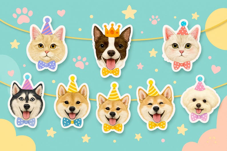 May include: A garland of eight animal faces, including cats and dogs, wearing party hats and bow ties. The garland is on a light blue background with pink, yellow, and white accents.