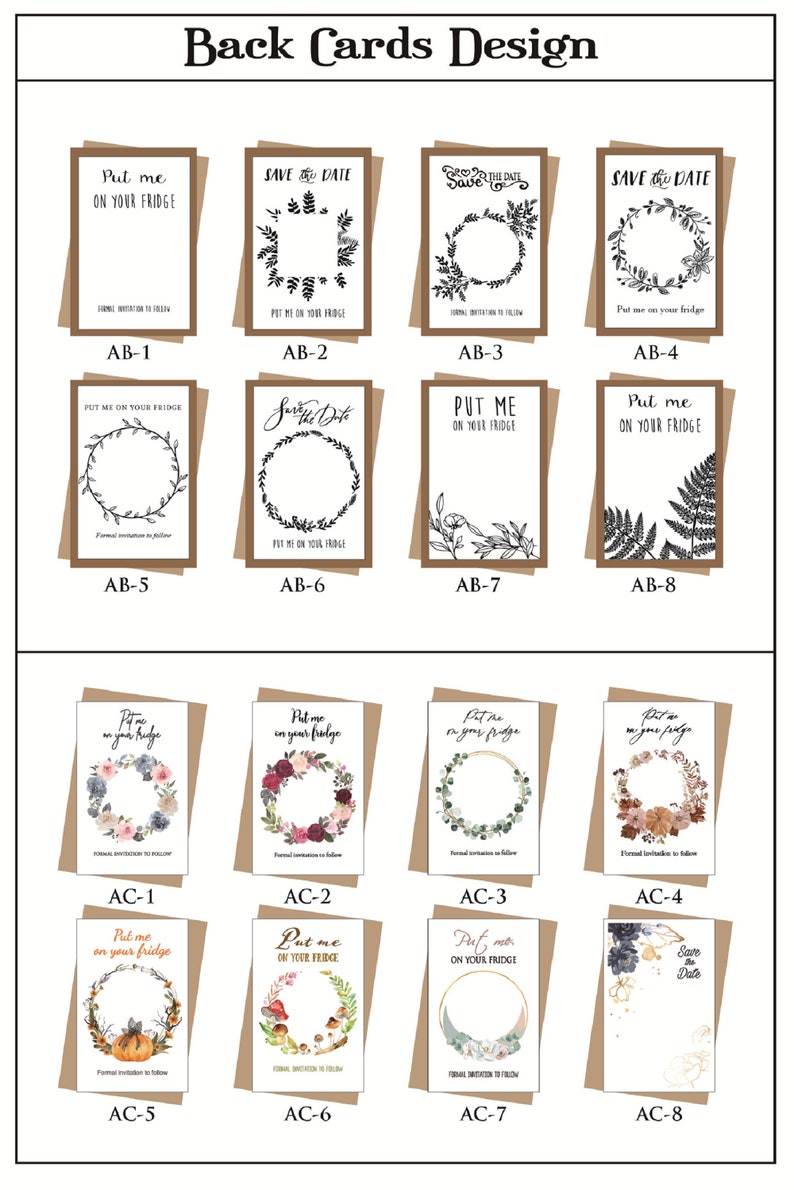 Puede incluir: Ocho dise&ntilde;os diferentes para tarjetas de guardar la fecha. Cada tarjeta presenta una corona con diferentes dise&ntilde;os florales y de follaje. El texto en las tarjetas dice "Ponme en tu refrigerador" y "Guardar la fecha".