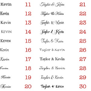 May include: A white background with 30 numbered lines of text. Each line has the text "Taylor & Kevin" written in different styles of handwriting.