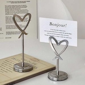Porta tarjetas con forma de corazón, soportes de latón para tarjetas, decoración de mesas de boda, expositores, clips para tarjetas, soportes para fotos, porta tarjetas con forma de corazón, soporte de acero inoxidable