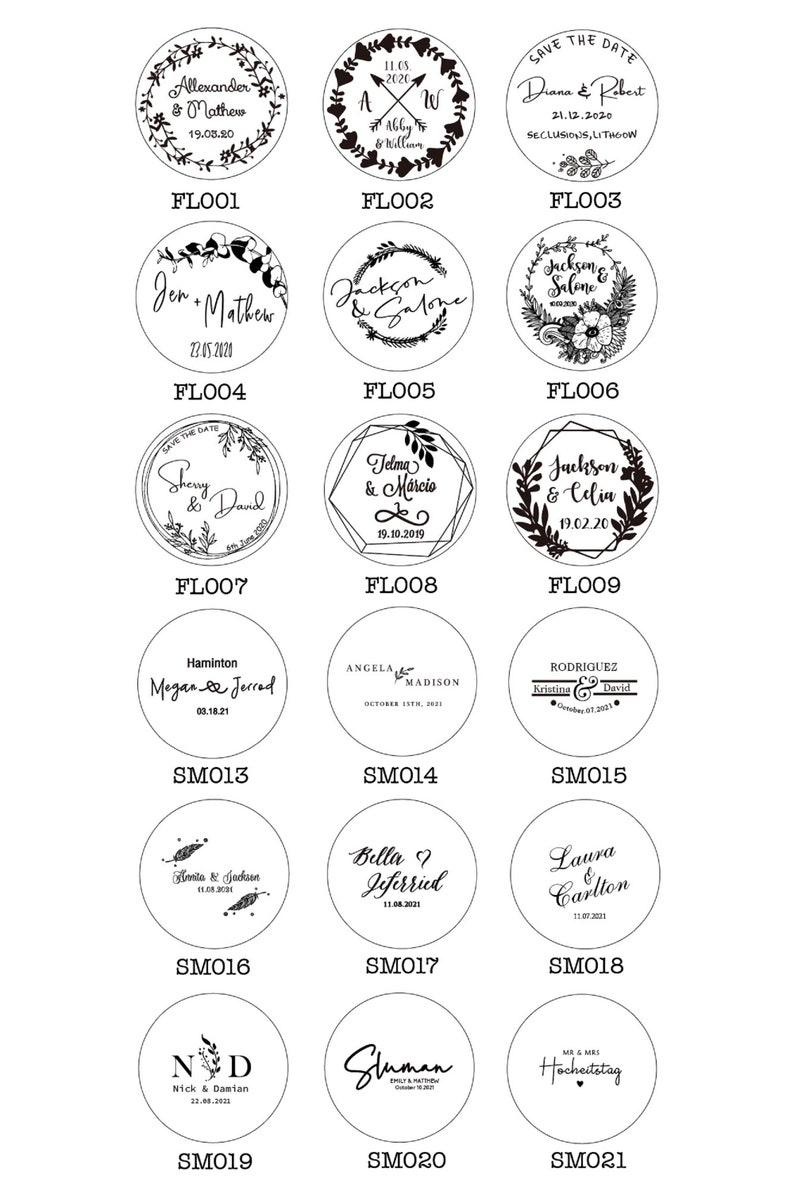 May include: A collection of 21 round wooden stamps with black ink. Each stamp features a different design with a couple's names and wedding date. The stamps are arranged in a grid pattern on a white background.