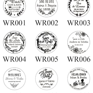 May include: Nine round wooden stamps with black ink, each featuring a different wedding save the date design with floral accents and text. The text includes the names of the couple, the date of the wedding, and the phrase "Save the Date".