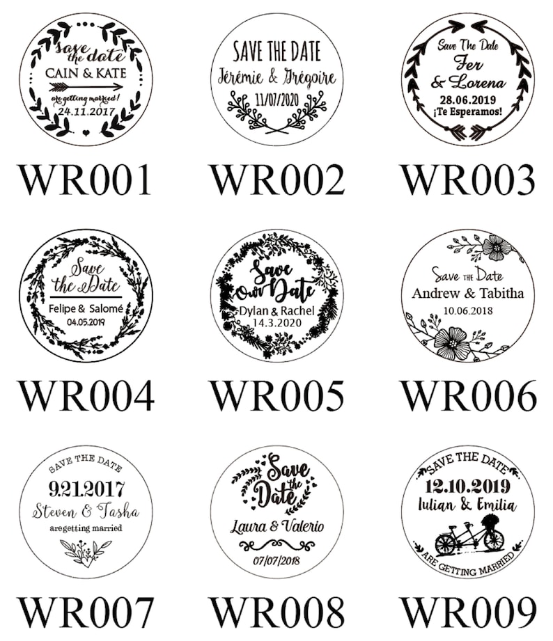 May include: Nine round wooden stamps with black ink, each featuring a different wedding save the date design with floral accents and text. The text includes the names of the couple, the date of the wedding, and the phrase "Save the Date".