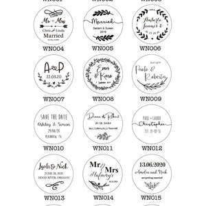 May include: A set of 18 round wooden stamps with black ink. Each stamp features a different design with a wedding theme, including names, dates, and wedding-related phrases. The stamps are arranged in a grid pattern on a white background.