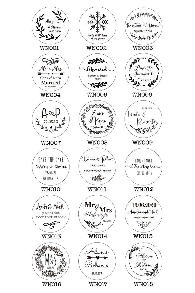 May include: A set of 18 round wooden stamps with black ink. Each stamp features a different design with a wedding theme, including names, dates, and wedding-related phrases. The stamps are arranged in a grid pattern on a white background.