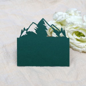 Tarjetas de lugar de montaña/tarjetas de tienda de comida de música/tarjetas de asiento de boda/tarjetas de nombre de mesa/decoración de fiesta de boda de bosque/