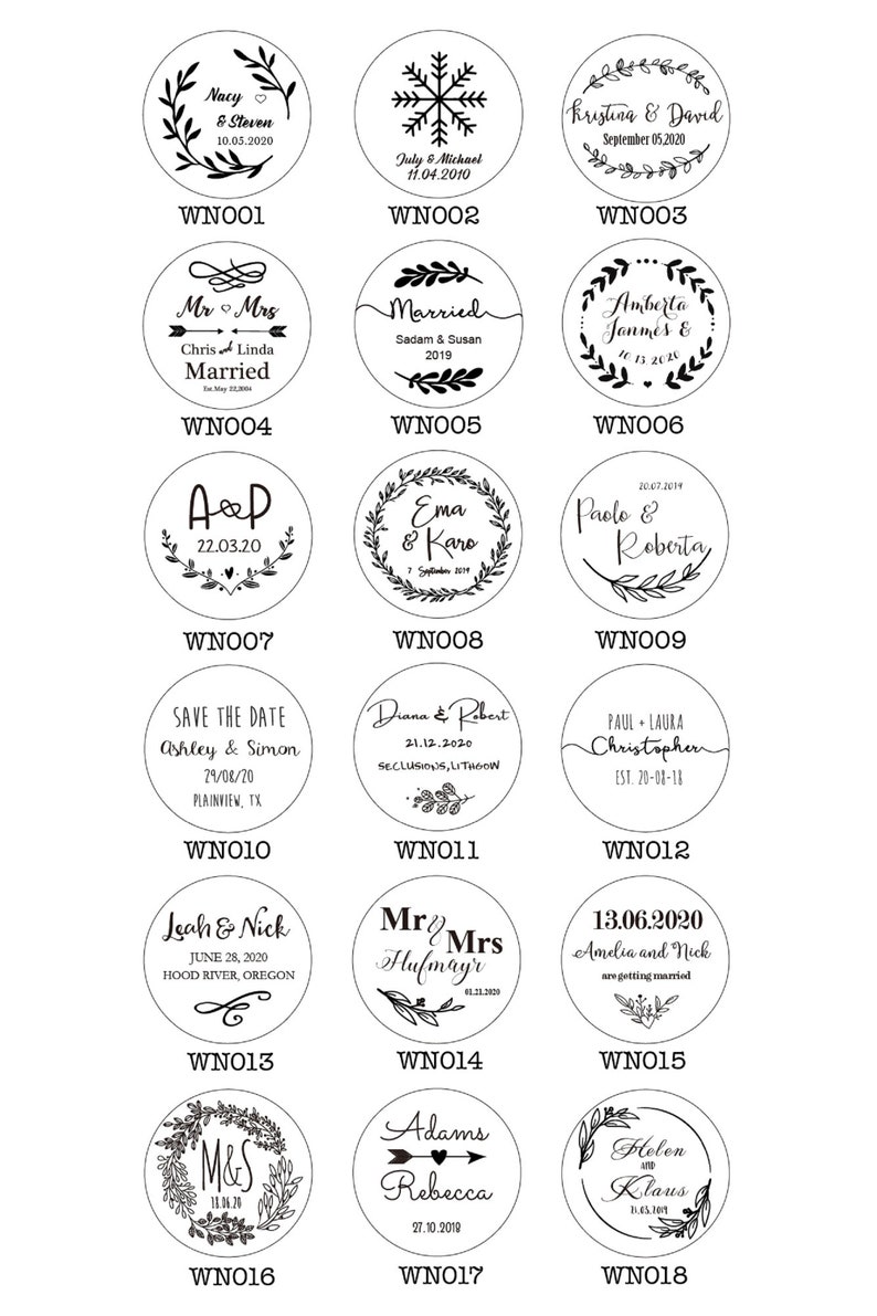 May include: A set of 18 round wooden stamps with black ink. Each stamp features a different design with a wedding theme, including names, dates, and wedding-related phrases. The stamps are arranged in a grid of six rows and three columns.