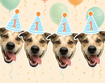Dog Birthday Party banner, Custom Dog Face Banner, Personalized Pet photo Banner ,Party Decoration, Gifts for Pet Lover, Birthday Hat Banner