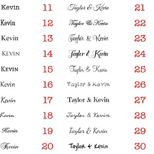 May include: A white background with 30 numbered lines of text. Each line has the text "Taylor & Kevin" written in different styles of handwriting.
