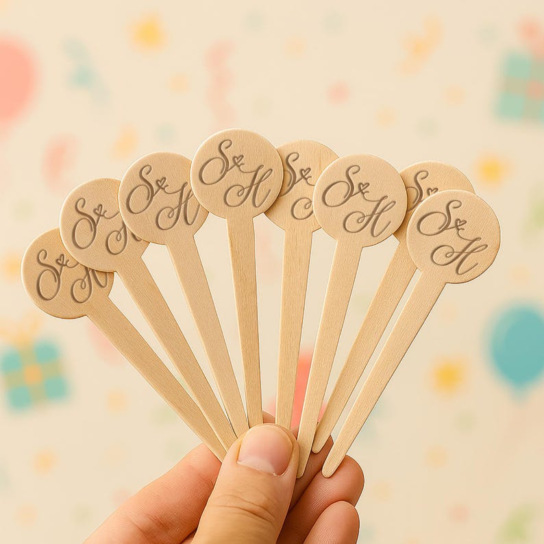 Puede incluir: Un conjunto de palitos de madera para remover bebidas, con tapas circulares. Cada palito muestra las iniciales "S & H" en una escritura elegante, con un peque&ntilde;o coraz&oacute;n. Los palitos son de color marr&oacute;n claro y se sostienen en una mano, ideales para una boda o evento especial.
