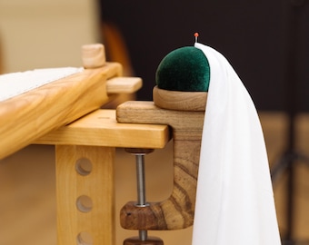 Handcrafted wooden sewing clamp made of walnut with a velvet cushion for needles Sewing bird