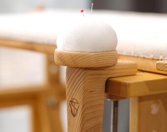 Handcrafted wooden sewing clamp made of ash wood with a velvet needle cushion Sewing Bird