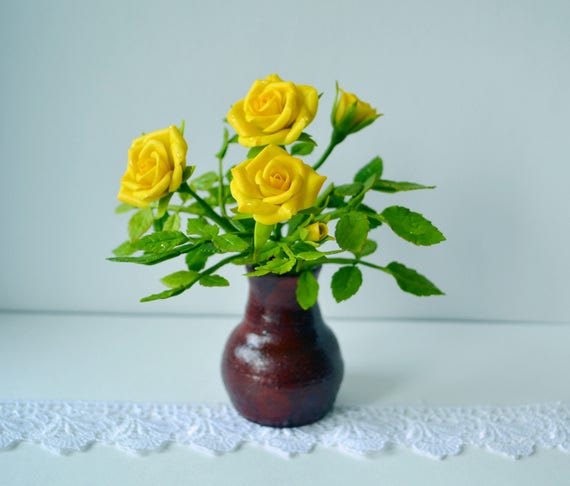 A Bouquet Of Yellow Roses In A Vase Of Cold Porcelain Dew On Etsy