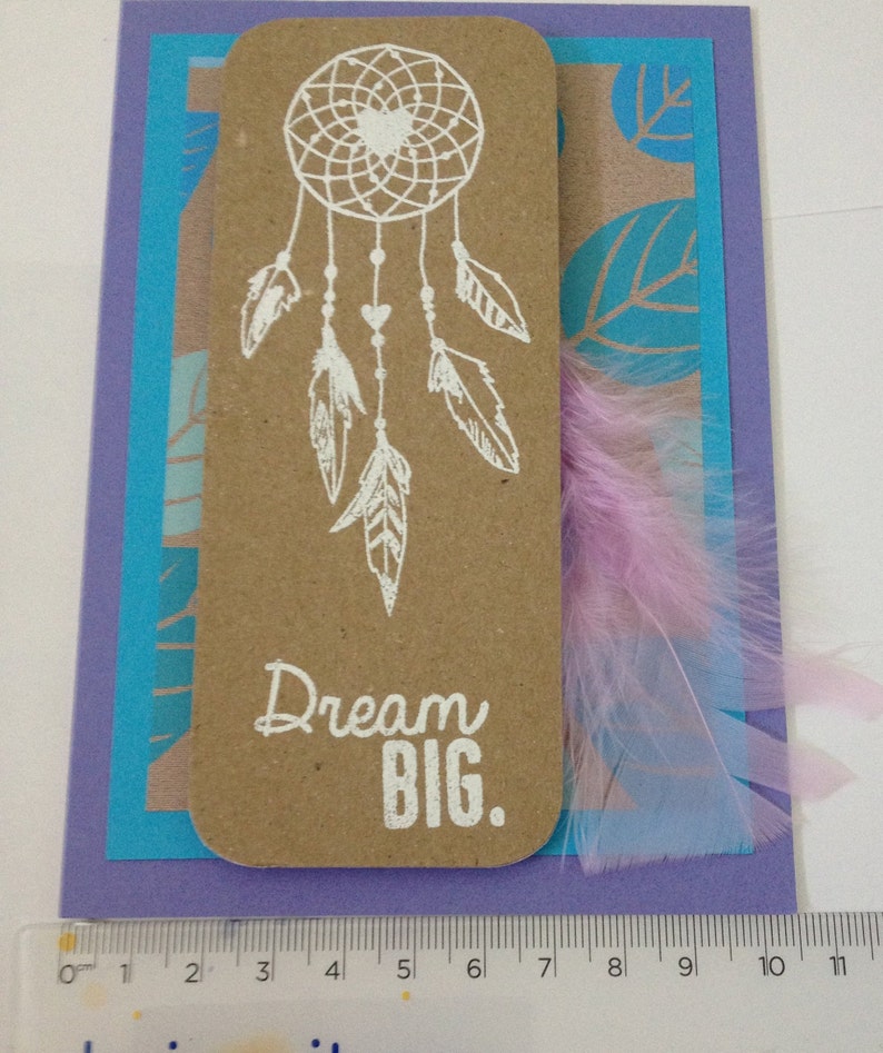 Dreamcatcher card with whymsical feather in purple blue and brown Card for any occasion.