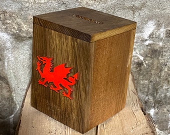 Red Dragon Rustic Welsh Wood Money Box - Handmade in a Variety of 6 Woods - Small Size