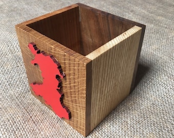Red Map of Wales - Handmade Desk Tidy  - Made with 5 Local Welsh Hardwoods - Made in Wales - Large Size