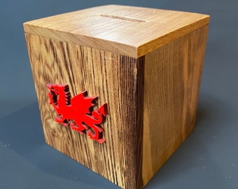 Red Dragon Wooden Money Box - Rustic - Handmade in a Variety of 6 Welsh Woods - Large Size