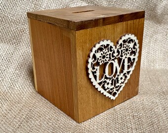 Loveheart Money Box - Love - Handmade in a Variety of 6 Welsh Woods - Wedding - Large Size