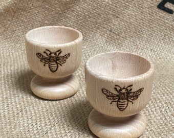 Pair of Bee Egg Cups - Hand Etched - Welsh Breakfast - Souvenir - Gift for Easter - Wedding - New Home - Set