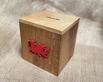 Red Dragon Wooden Money Box - Rustic - Handmade in a Variety of 6 Welsh Woods - Large Size