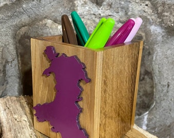 Map of Wales - Pink Purple - Handmade Desk Tidy  - Made with 5 Local Welsh Hardwoods - Made in Wales - Small Size