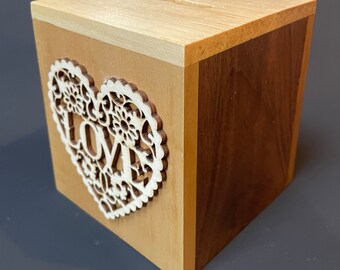 Loveheart Money Box - Love - Handmade in a Variety of 6 Welsh Woods - Wedding - Large Size