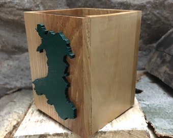 Green Map of Wales - Handmade Desk Tidy  - Made with 5 Local Welsh Hardwoods - Made in Wales - Small Size