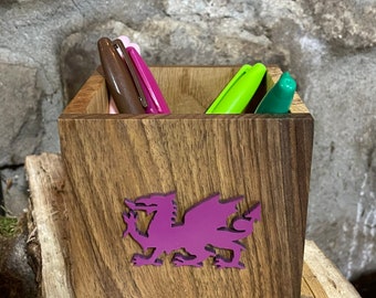 Welsh Dragon Handmade Desk Tidy - Pink - Made with 5 Local Welsh Hardwoods - Made in Wales - Large Size