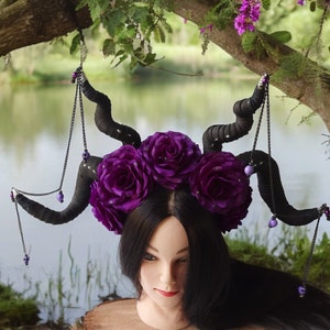 Large demon horns headband with purple flowers Gothic crown Demon headpiece cosplay