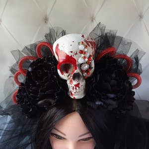 Blood skull gothic crown veil Black Goth headpiece for women Dark queen headband