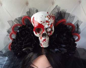 Blood skull gothic crown veil Black Goth headpiece for women Dark queen headband