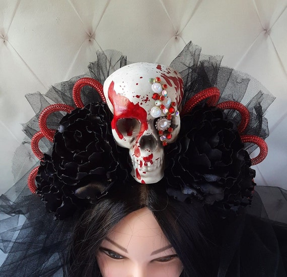 Blood Skull Gothic Crown Veil Black Goth Headpiece for Women  display picture 3