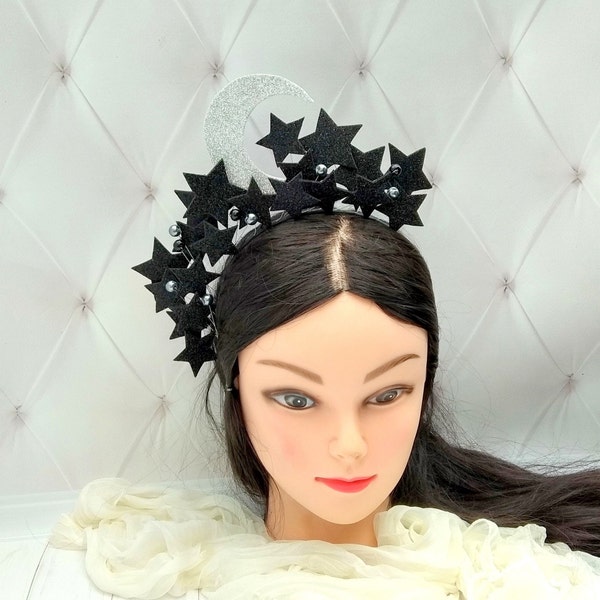 Black star crown fascinator Celestial halo headpiece Moon galaxy headband