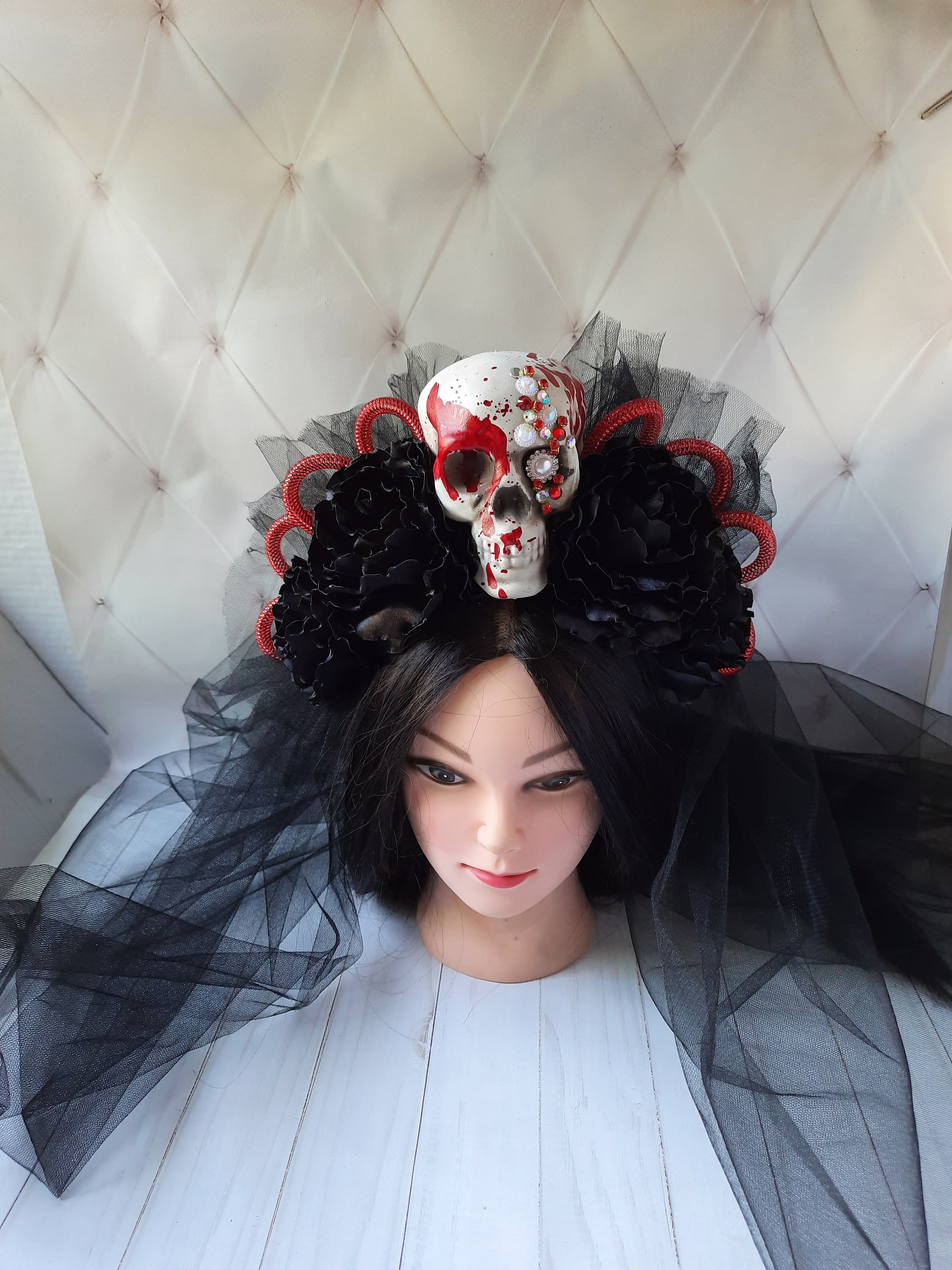 Bloodroot With Blood Simone Active Headband (Preorder) |Gothic Hair Wrap Luxe Oxblood Velvet Bow Headband with Veil | Winnie Gigi  main image 2