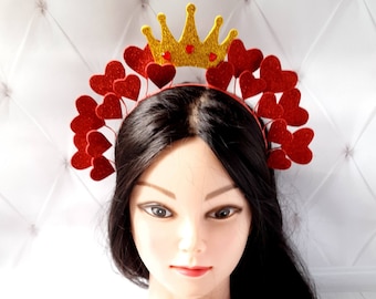 Gold Queen of hearts crown Alice in Wonderland headpiece Red heart headband adult