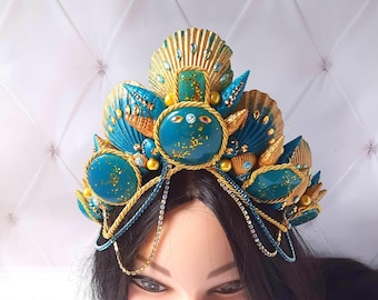 Emerald Mermaid tiara for women Seashell green siren headpiece Sea queen crown for adult cosplay