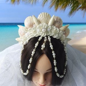 White mermaid crown tiara adult Pearl Siren headpiece cosplay Sea queen halo crown with pearl